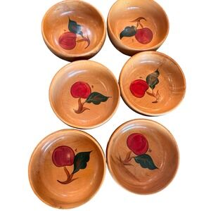 Vintage Rio Grande Solid Maple Wood Bowls Set of 6 Hand Painted Apples 1950s